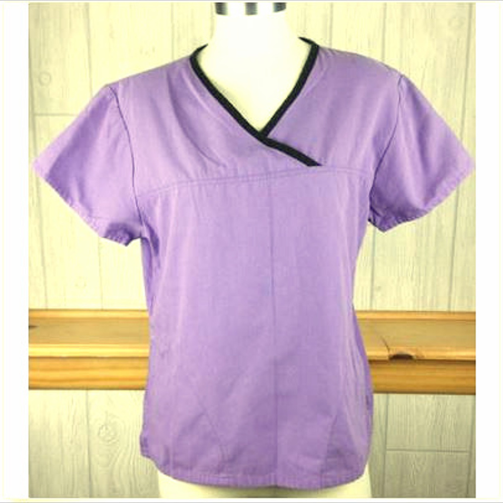 Lavender Purple Wrap Scrub Top = Women's S Short Sleeve + Pockets = MedGear